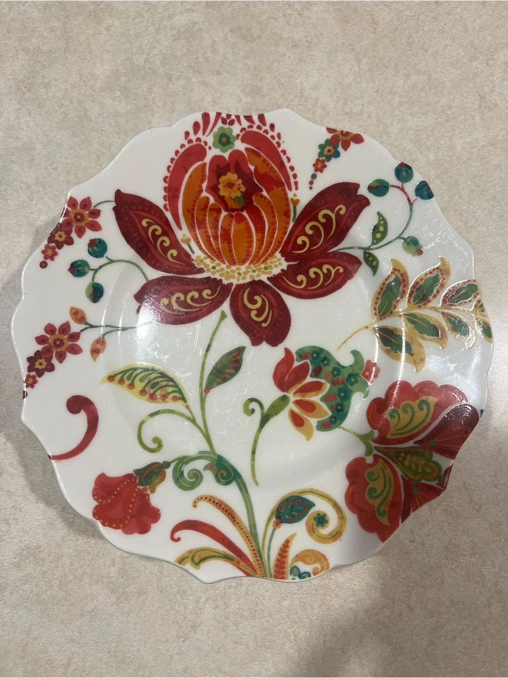 Pier 1 Beatrice Jacobean Red and Orange Floral Scalloped Salad Plates - Set of 4